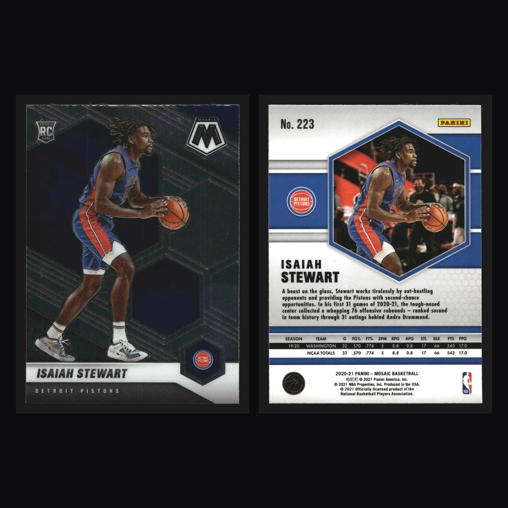 2020-21 Panini Mosaic Isaiah Stewart #223 RC Detroit Pistons Rookie