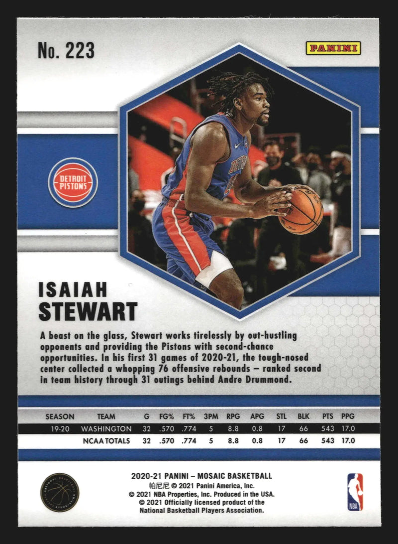 2020-21 Panini Mosaic Isaiah Stewart #223 RC Detroit Pistons Rookie