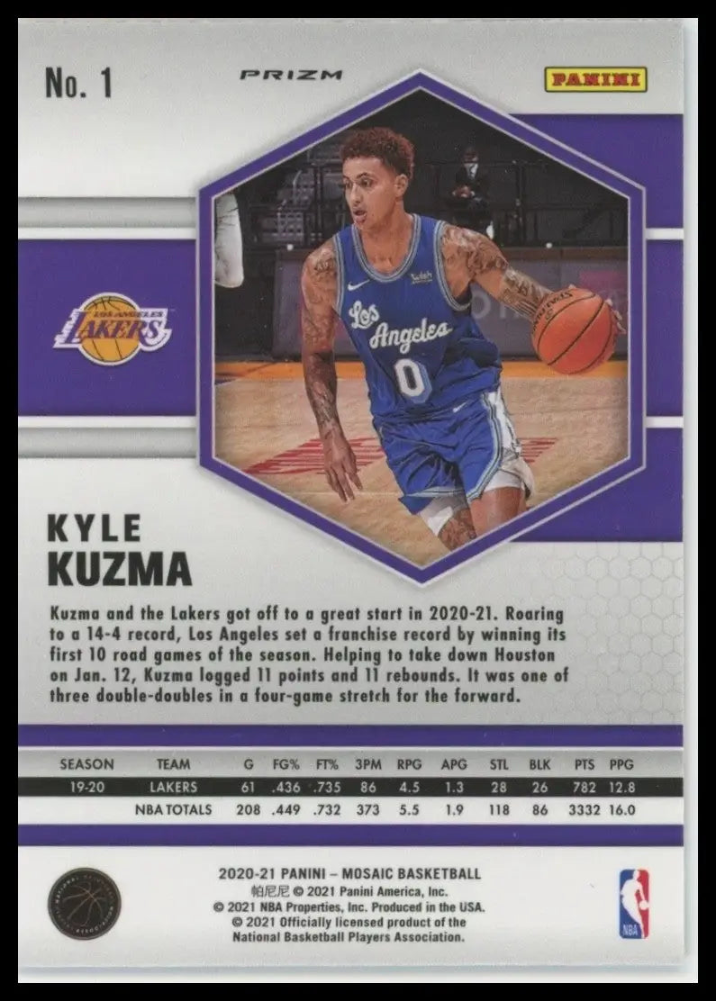 2020-21 Panini Mosaic Orange Reactive Kyle Kuzma #1 Los Angeles Lakers Card NBA
