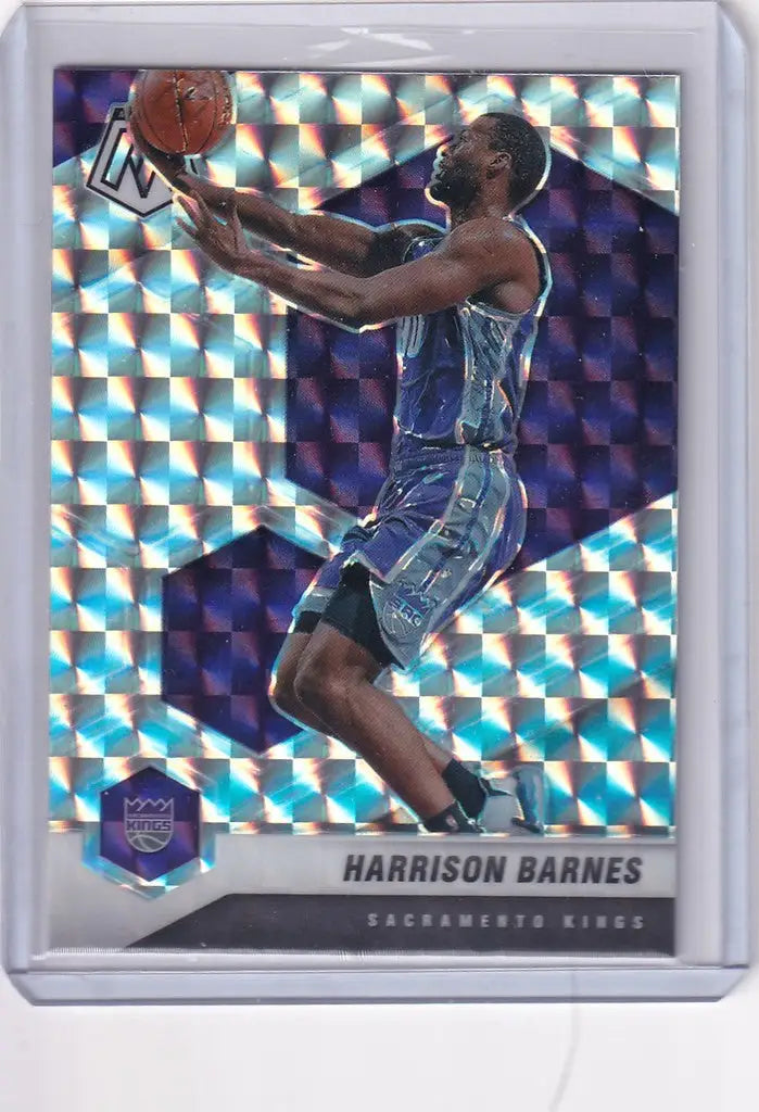 Basketball trading card of Harrison Barnes Sacramento Kings in mid-jump layup, Panini Mosaic Prizm