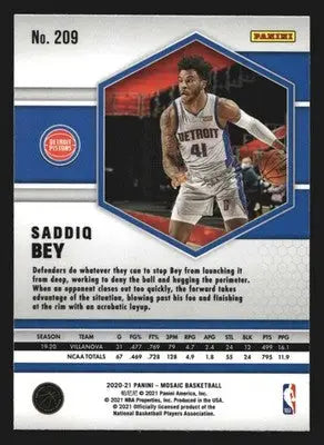 2020-21 Panini Mosaic Saddiq Bey #209 RC Detroit Pistons Rookie - Basketball Card Single