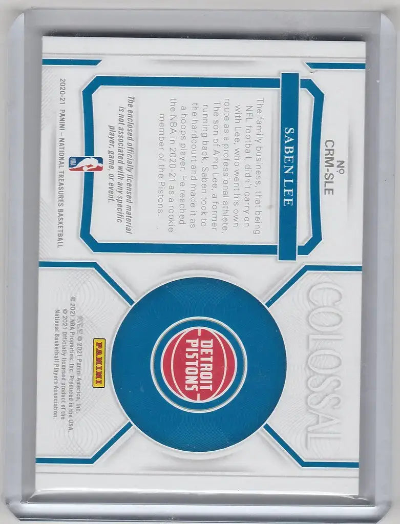 2020-21 Panini National Treasures Colossal Relic Saben Lee Detroit Pistons 6/25
