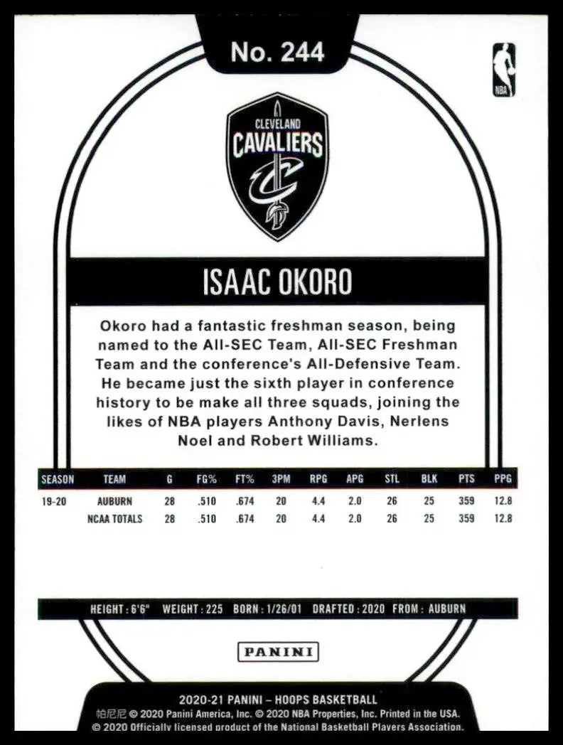 2020-21 Panini NBA Hoops Isaac Okoro #244 Rookie Cleveland Cavaliers Basketball - Basketball Card Single