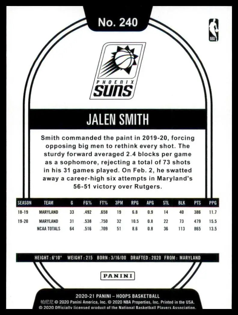 2020-21 Panini NBA Hoops Jalen Smith #240 Rookie Phoenix Suns Basketball Card - Basketball Card Single