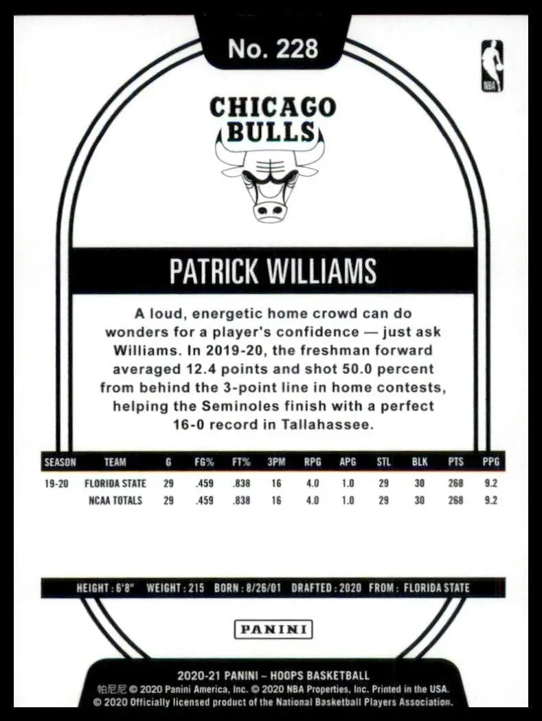 2020-21 Panini NBA Hoops Patrick Williams #228 Rookie Chicago Bulls Basketball - Basketball Card Single