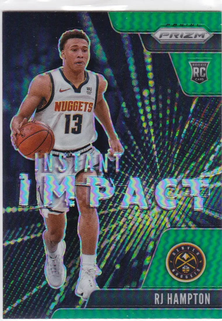 Basketball trading card of RJ Hampton Green Prizm RC Instant Impact Denver Nuggets