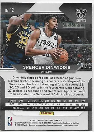 Original gloss Panini Prizm basketball card of Spencer Dinwiddie Nets 2020-21