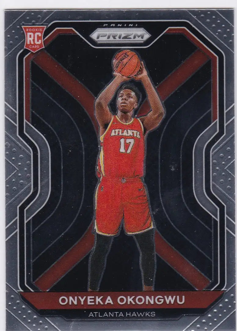 Basketball trading card of Onyeka Okongwu RC Atlanta Hawks in red uniform shooting