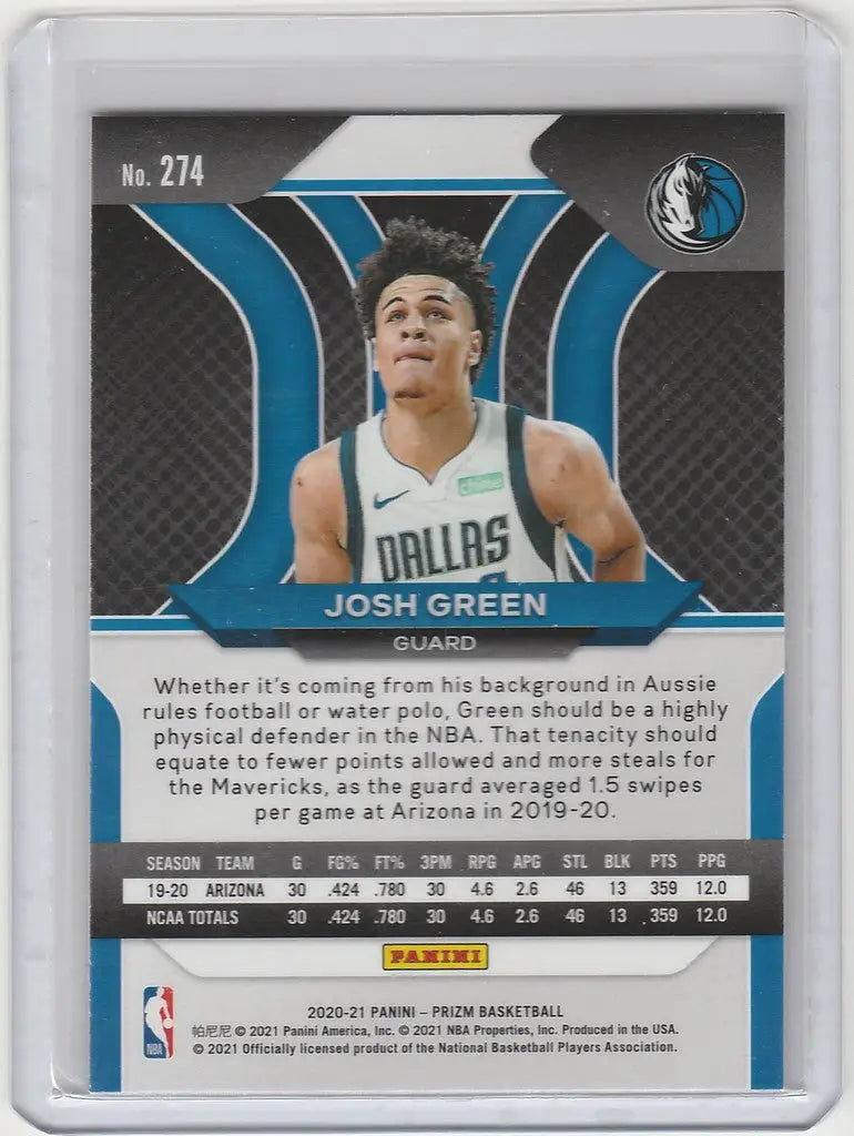 Basketball trading card of Josh Green in a white jersey for the Dallas Mavericks Panini Prizm