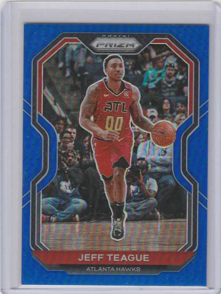 Basketball trading card of Jeff Teague Atlanta Hawks in red uniform dribbling ball