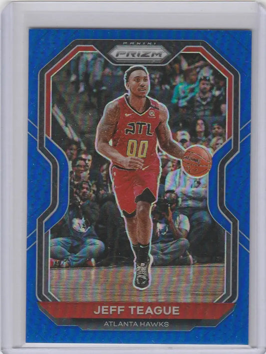 Basketball trading card of Jeff Teague Atlanta Hawks in red uniform dribbling ball