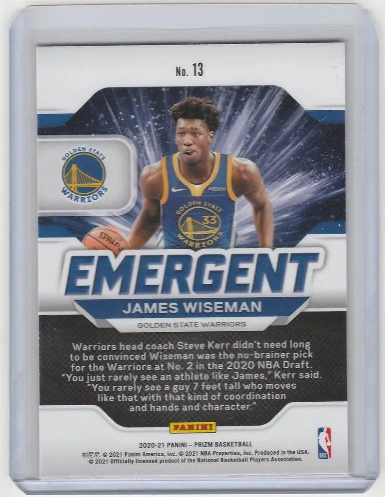 James Wiseman Golden State player on 2020-21 Panini Prizm Emergent trading card