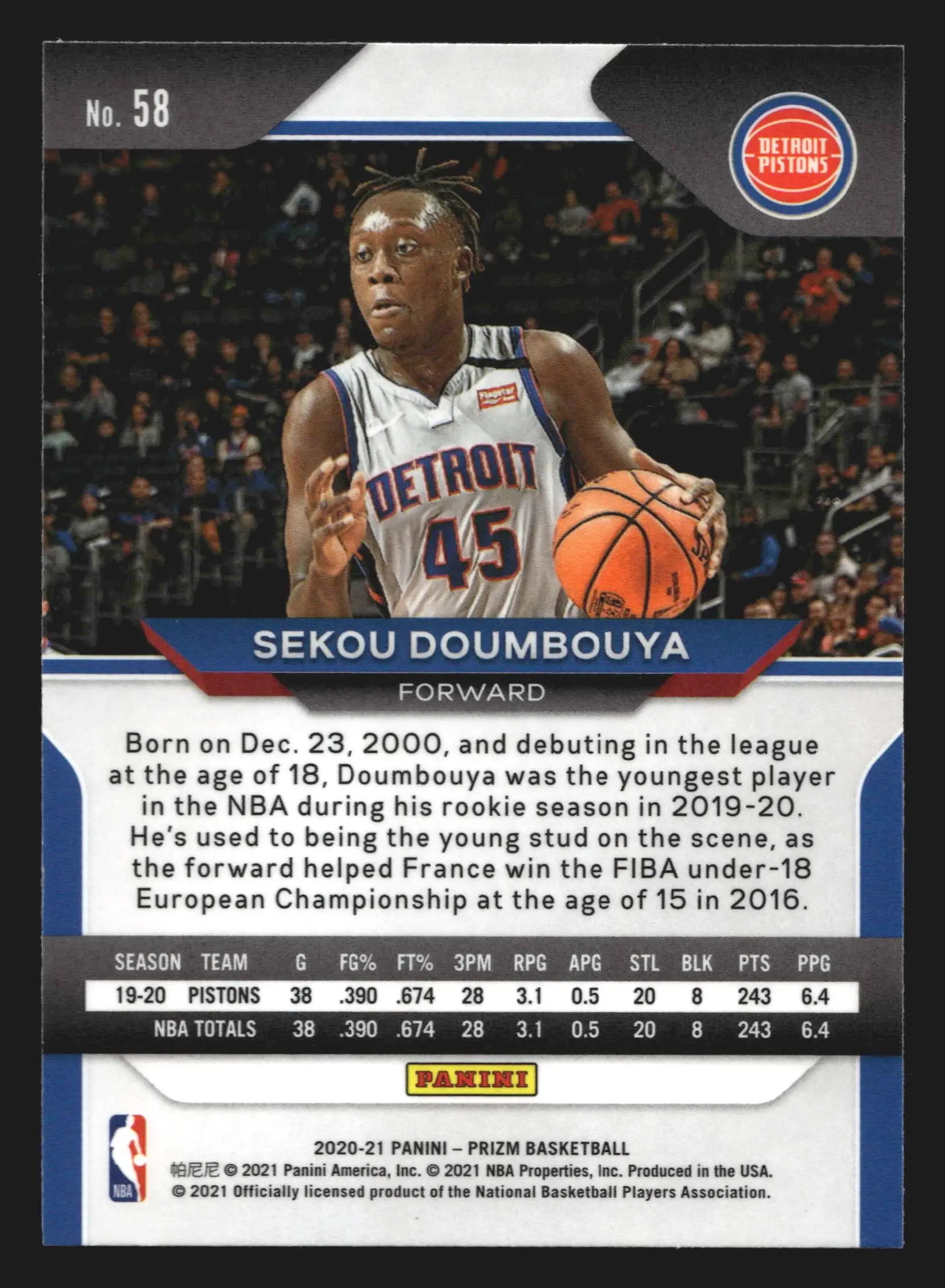 2020-21 Panini Prizm Sekou Doumbouya #58 Detroit Pistons