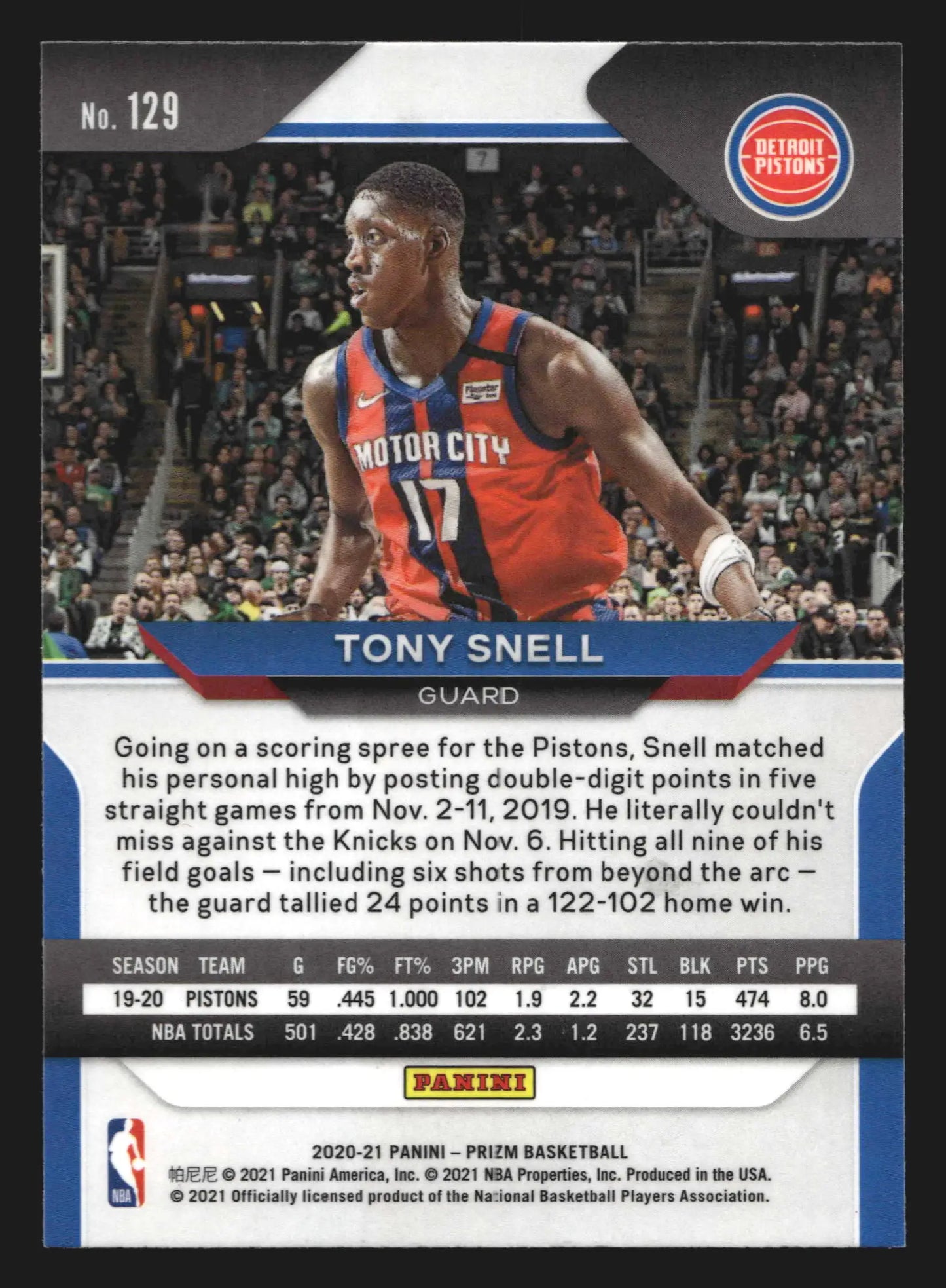 2020-21 Panini Prizm Tony Snell #129 Detroit Pistons