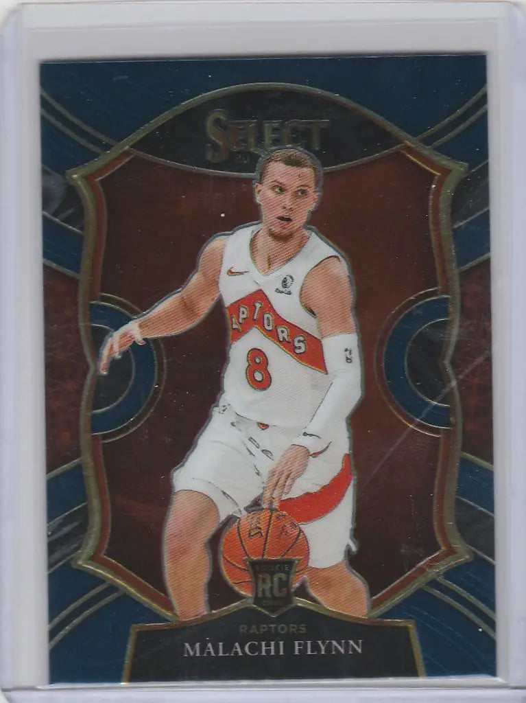 Basketball trading card of Malachi Flynn Toronto Raptors in white uniform number 8