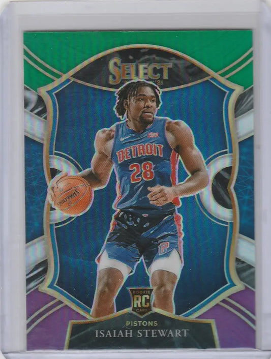Basketball trading card of Isaiah Stewart Pistons in 2020-21 Panini Select Prizms Green White Purple