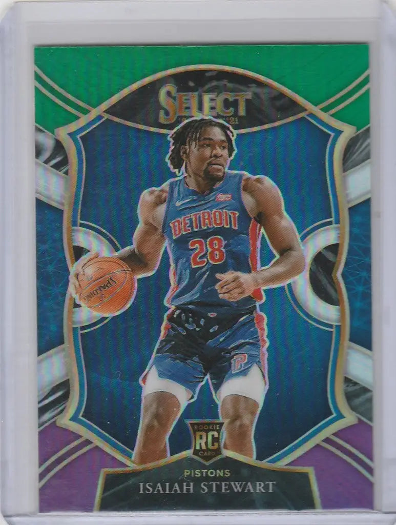 Basketball trading card of Isaiah Stewart Pistons in Panini Select Prizms Green White Purple