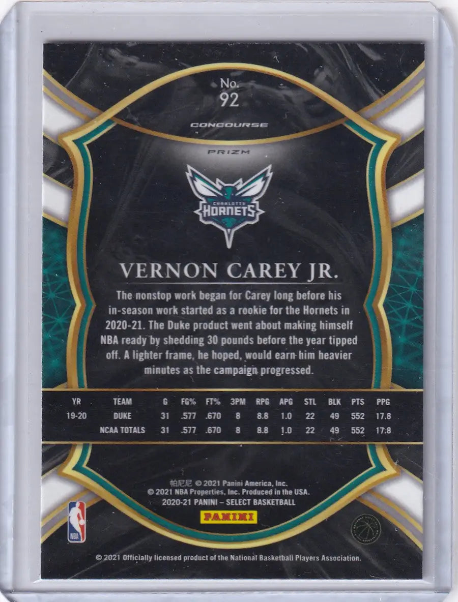 2020-21 SELECT #92 VERNON CAREY JR SCOPE- CHARLOTTE HORNETS - Basketball Card Single