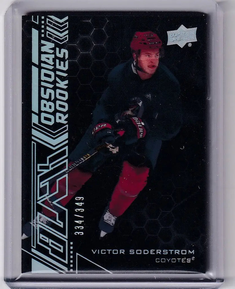 Hockey trading card of OR041 Victor Soderstrom in red uniform from Upper Deck Black