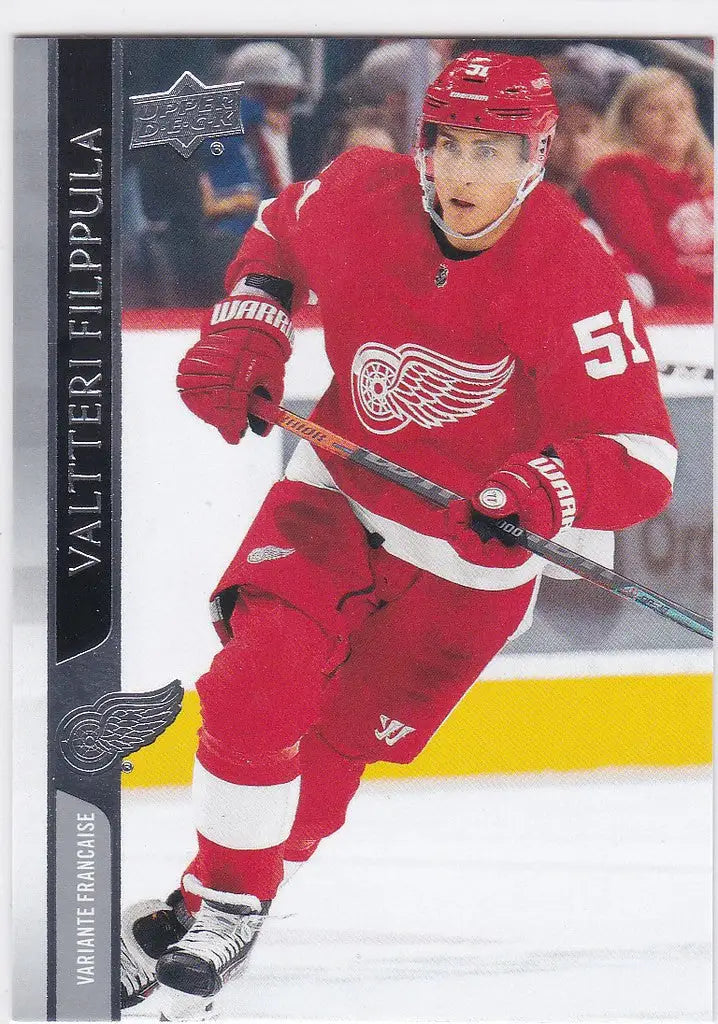 Hockey player in red Detroit Red Wings jersey from Upper Deck French Valtteri Filppula card