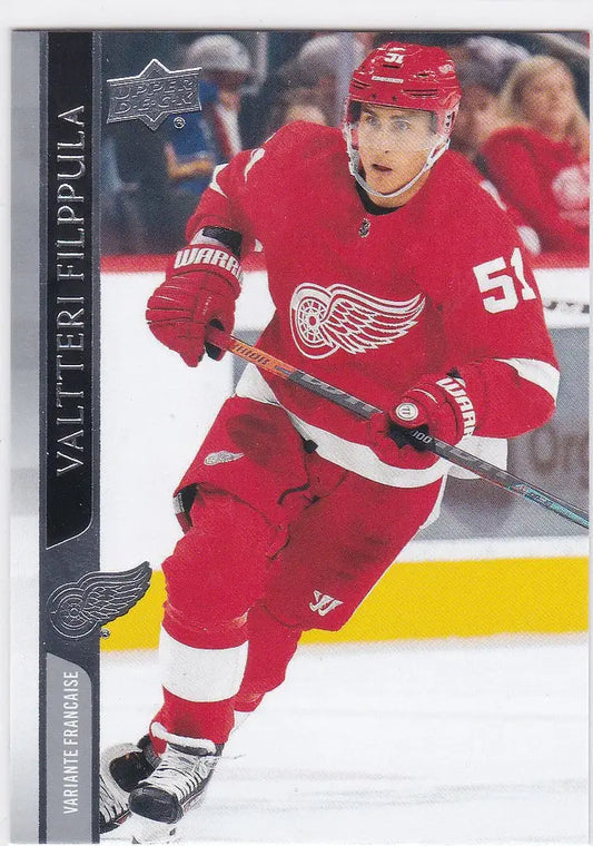 Hockey player in red Detroit Red Wings jersey from Upper Deck French Valtteri Filppula card