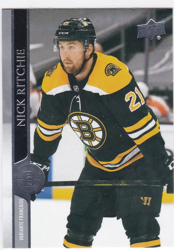 Hockey player in Boston Bruins jersey number 21 from Upper Deck French version Nick Ritchie