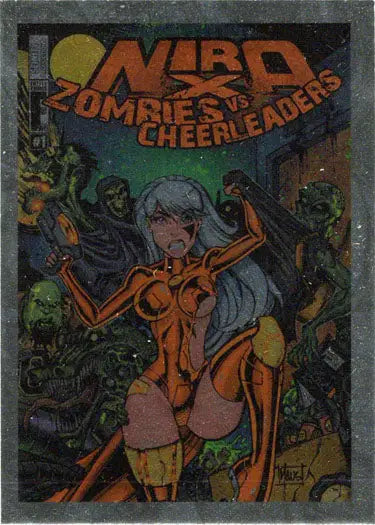 Comic book cover with scantily-clad female character and zombies on Foil Promo Card