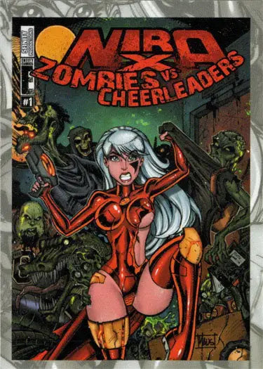 Comic book cover of Nira X Zombies vs Cheerleaders promo card featuring female hero and zombies