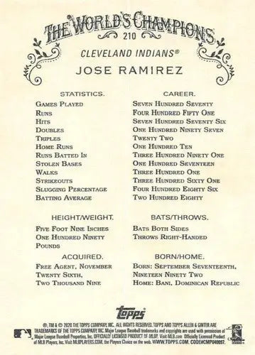 Baseball card back with player statistics for Jose Ramirez from 2020 Allen and Ginter