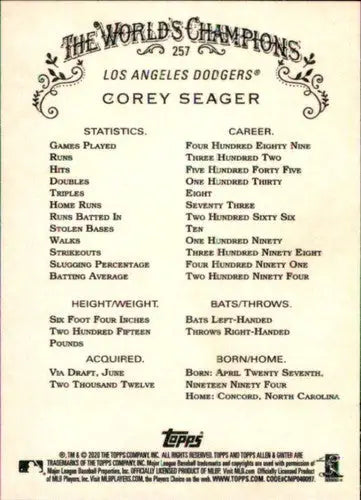 Baseball card with player statistics featuring Corey Seager NM-MT from 2020 Allen and Ginter