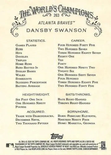 2020 Allen and Ginter #263 Dansby Swanson NM-MT Braves - Baseball Card Single