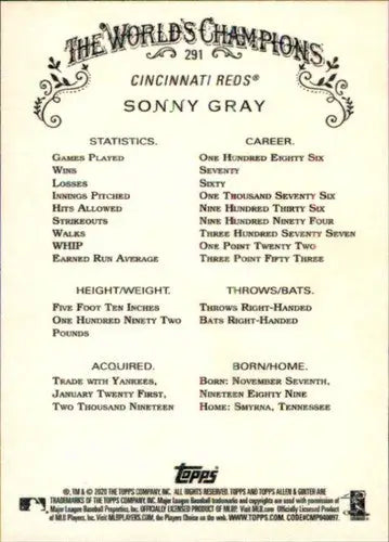 2020 Allen and Ginter #291 Sonny Gray NM-MT Reds ID:32092 - Baseball Card Single