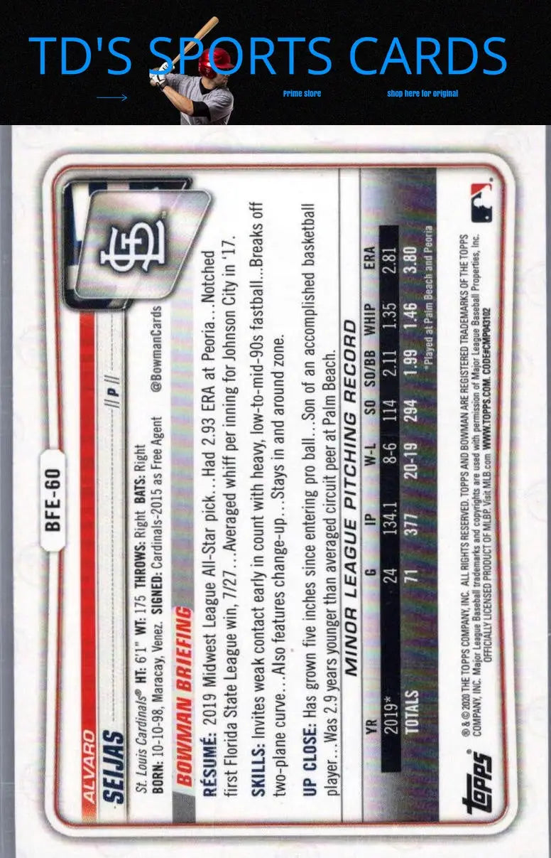 Baseball card back of Alvaro Seijas from Bowman 1st Edition Sky Blue series