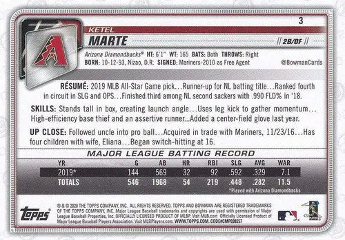 Original gloss Ketel Marte baseball card from 2020 Bowman NM-MT Diamondbacks