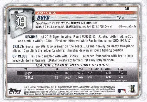 Original gloss baseball trading card for Matthew Boyd NM-MT from 2020 Bowman Tigers