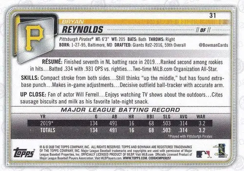 Original gloss Bryan Reynolds baseball card 2020 Bowman NM-MT Pirates