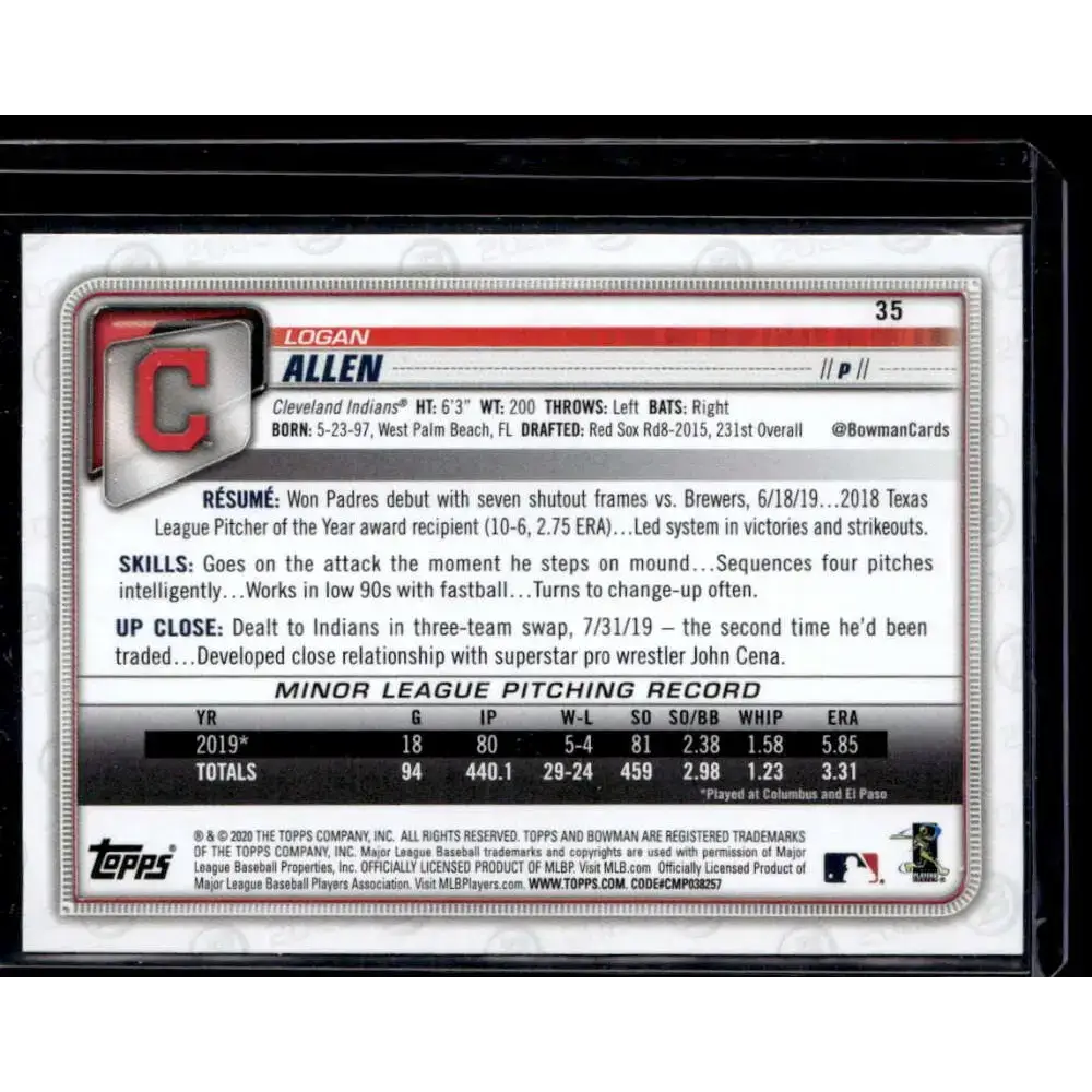 2020 Bowman #35 Logan Allen NM-MT - Baseball Card Single