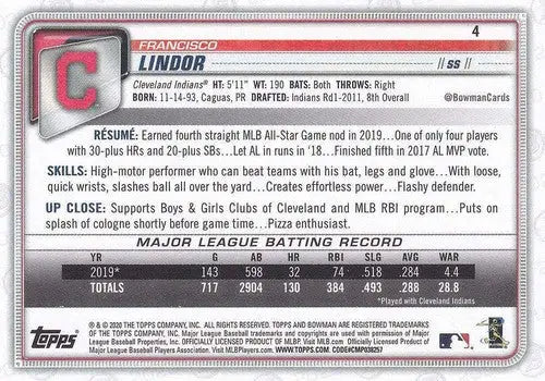2020 Bowman #4 Francisco Lindor NM-MT Indians ID:27570 - Baseball Card Single