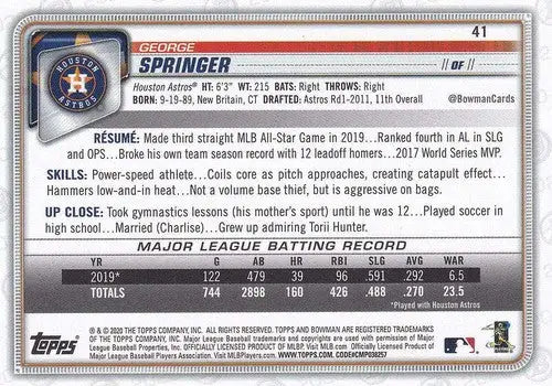 2020 Bowman #41 George Springer NM-MT Astros ID:27703 - Baseball Card Single