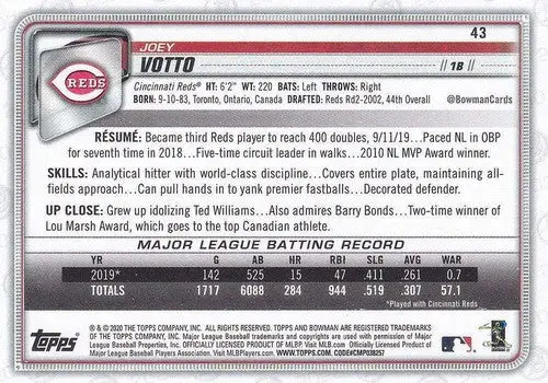 Joey Votto baseball card back with original gloss from 2020 Bowman #43 Reds NM-MT