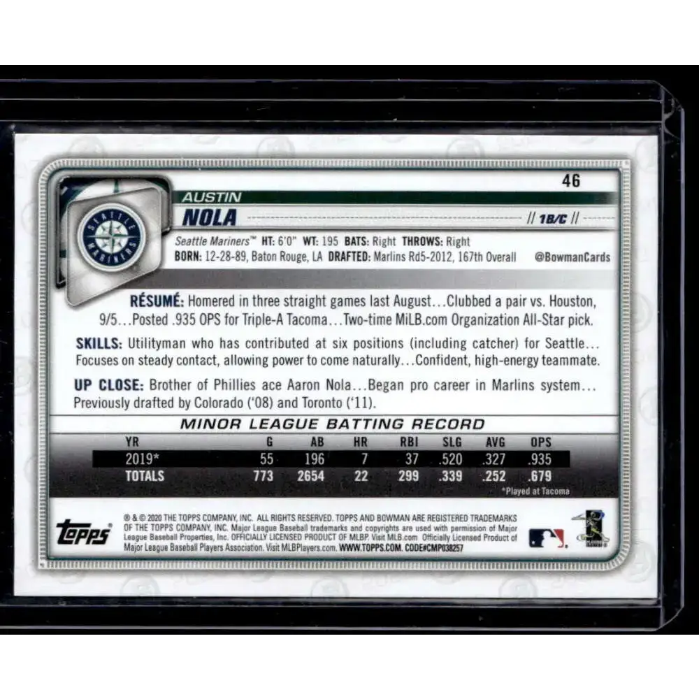 2020 Bowman #46 Austin Nola NM-MT - Baseball Card Single