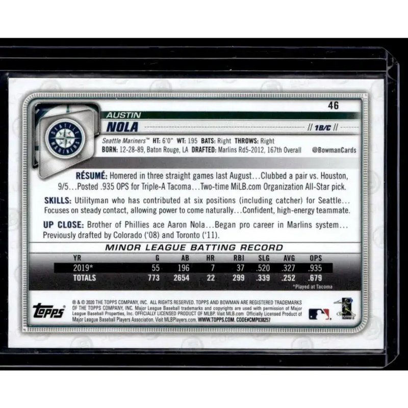 2020 Bowman #46 Austin Nola NM-MT - Baseball Card Single