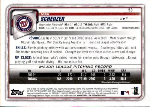 Original gloss baseball card featuring Max Scherzer NM-MT from 2020 Bowman #53