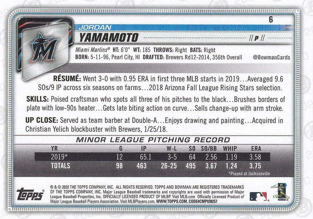 2020 Bowman #6 Jordan Yamamoto NM-MT RC Rookie Marlins ID:27693 - Baseball Card Single