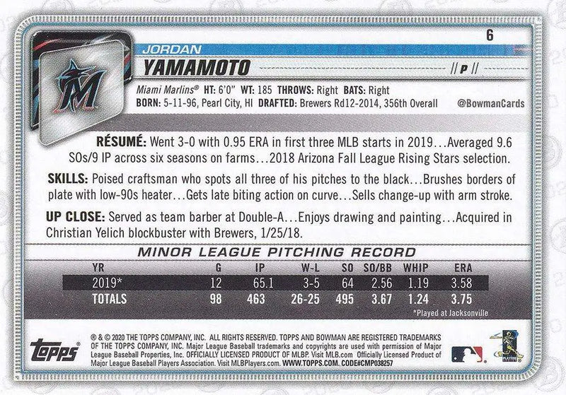 2020 Bowman #6 Jordan Yamamoto NM-MT RC Rookie Marlins ID:27693 - Baseball Card Single
