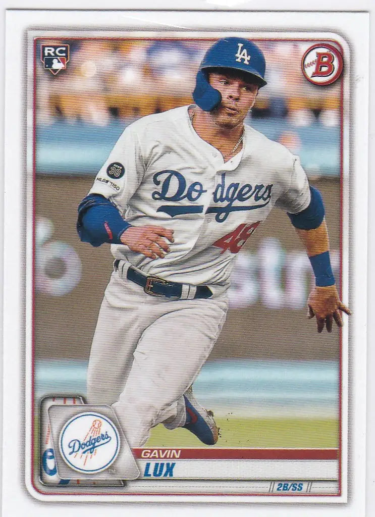 Baseball card of Gavin Lux in mid-run, showcasing Los Angeles Dodgers star player