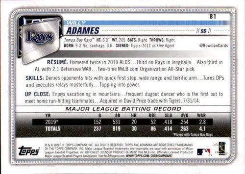 2020 Bowman #81 Willy Adames NM-MT Rays - Baseball Card Single