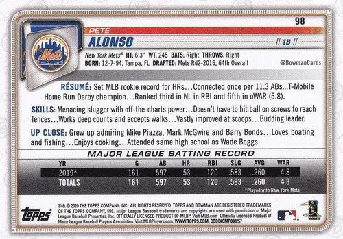 2020 Bowman #98 Pete Alonso NM-MT Mets - Baseball Card Single