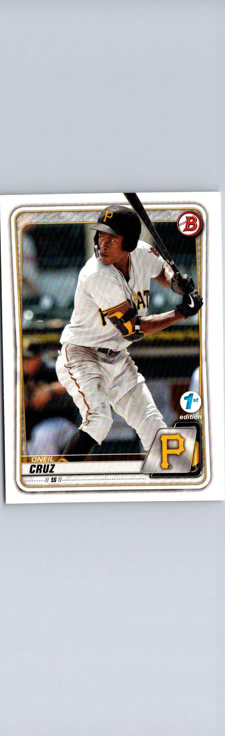 Baseball trading card featuring Oneil Cruz in batting stance from 2020 Bowman Cruz Prospects