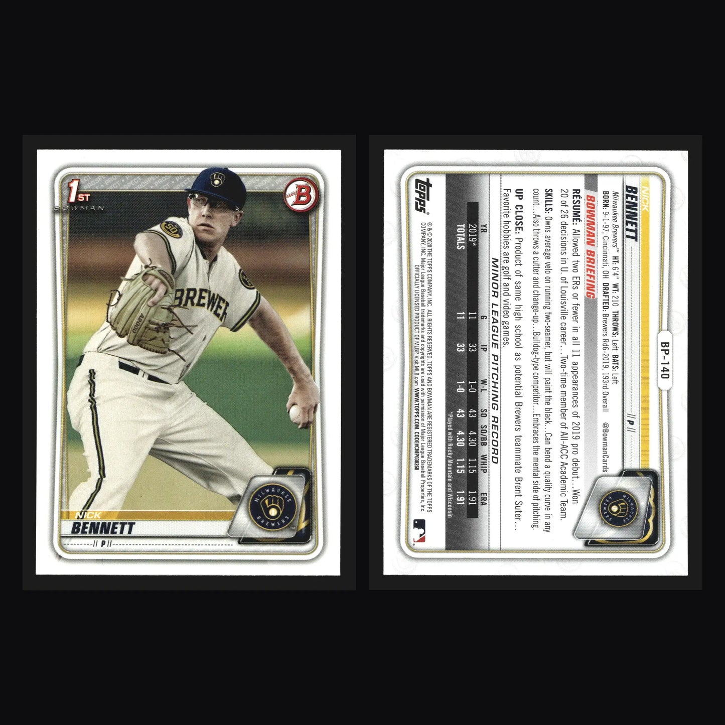 2020 Bowman #BP-140 Nick Bennett 1st Bowman Milwaukee Brewers Prospect - Baseball Card Single